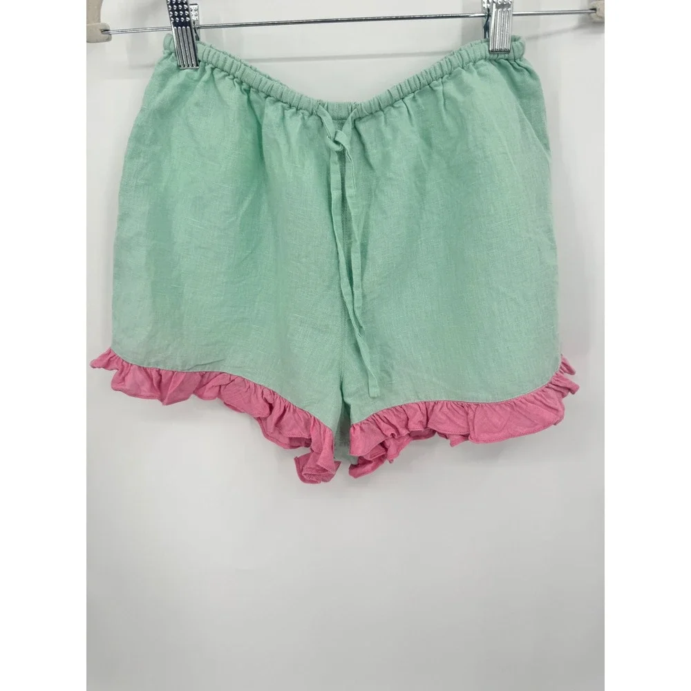 Dora Larsen Ruffle Shorts Women US 4 Mint Green Pink Linen Loungewear